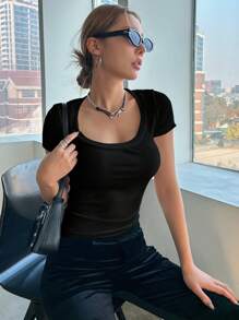 DAZY Women's Ribbed Short Sleeve T-Shirt - Black - View 4