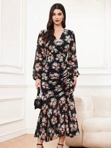 Modelyn Women's Floral Printed Lantern Sleeve Dress