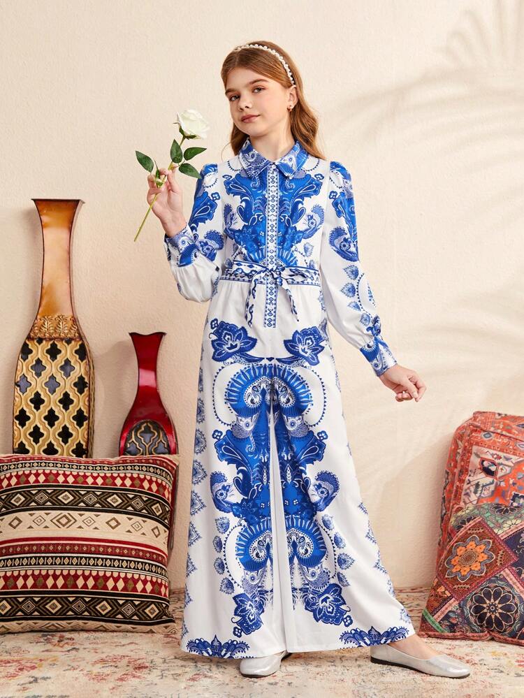 Tween Girl Loose Fit Cute Lapel Collar Vintage Printed Bubble Sleeve Long Jumpsuit