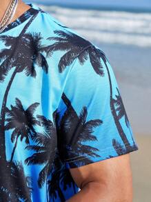Genlund Men's Plus Size Coconut Tree Print Ombre T-Shirt And Shorts Set - Multicolor - View 5