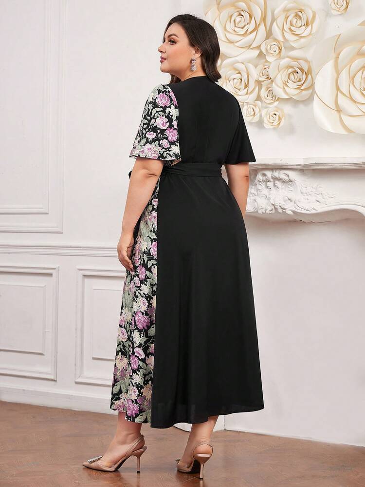 Plus Size Women's Floral Printed Short Sleeve Dress Long Evening Dresses