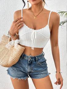 Chiquease Women's Knitted Shell Edge Front Tie Spaghetti Strap Tank Top - White - View 1