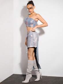 SHEIN BAE 女式金屬彈性單肩牛仔上衣,適合音樂會裝扮和音樂節 - 藍色 - 查看 3