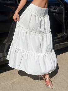 SHEIN ICON Women's Super Low Waist Pleated Ruffle Detail Cake Layered Skirt With Umbrella Shape Swing Hem