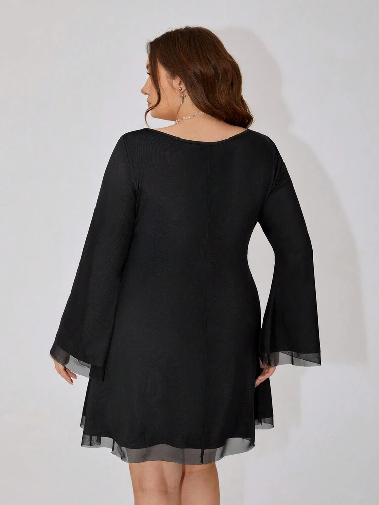 Plus Size Women's Cartoon Girl Printed Mesh Double Layered Spring Dress