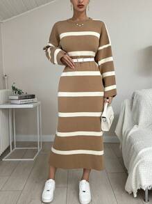 EURMUSE Women's Striped Drop Shoulder Sweater Dress - Brown - View 4