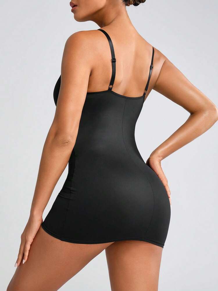 Women's Mesh Panel Tummy Control Bodycon Dress With Spaghetti Straps