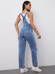 Flexra Ladies Solid Color Pocket Denim Overalls Jumpsuit - Medium Wash - View 3