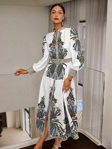 Sollinarry 女士長袖植物印花裙 - 白色 - 查看 6