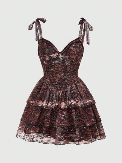 Goth Vestido Con Tirantes Finos Y Dobladillo Con Volantes De Encaje Para Mujer