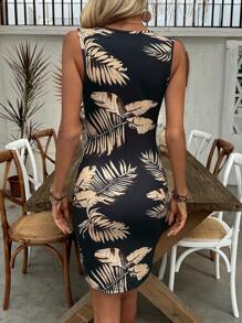 Hotletica Vestido con estampado digital, nudo retorcido y recorte frontal para mujer, atuendo vacacional de playa - Negro - Ver 2