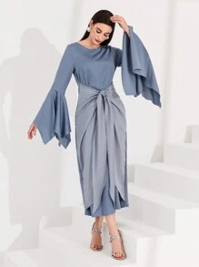 Modelyn Women's Asymmetrical Bell Sleeve Tied Front Dress - Blue - View 8