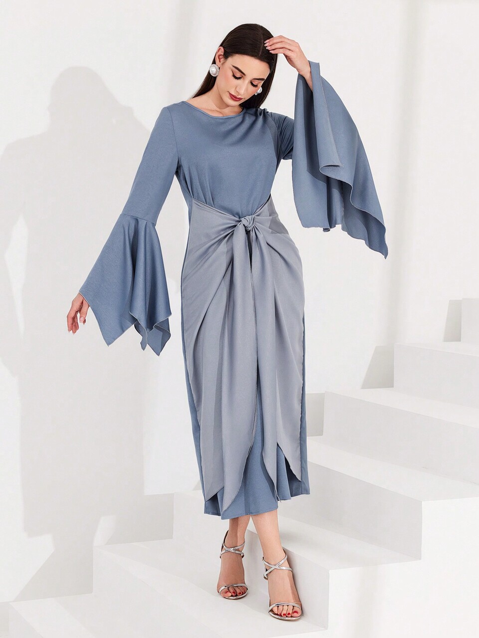 Women's Asymmetrical Bell Sleeve Tied Front Dress