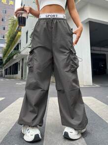 SHEIN EZwear 對比字母帶腰部蓋式口袋褲子