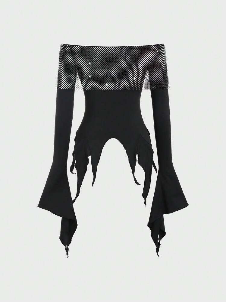 Women's Rhinestone Decor Off Shoulder Bell Sleeve Asymmetric Hem T-Shirt