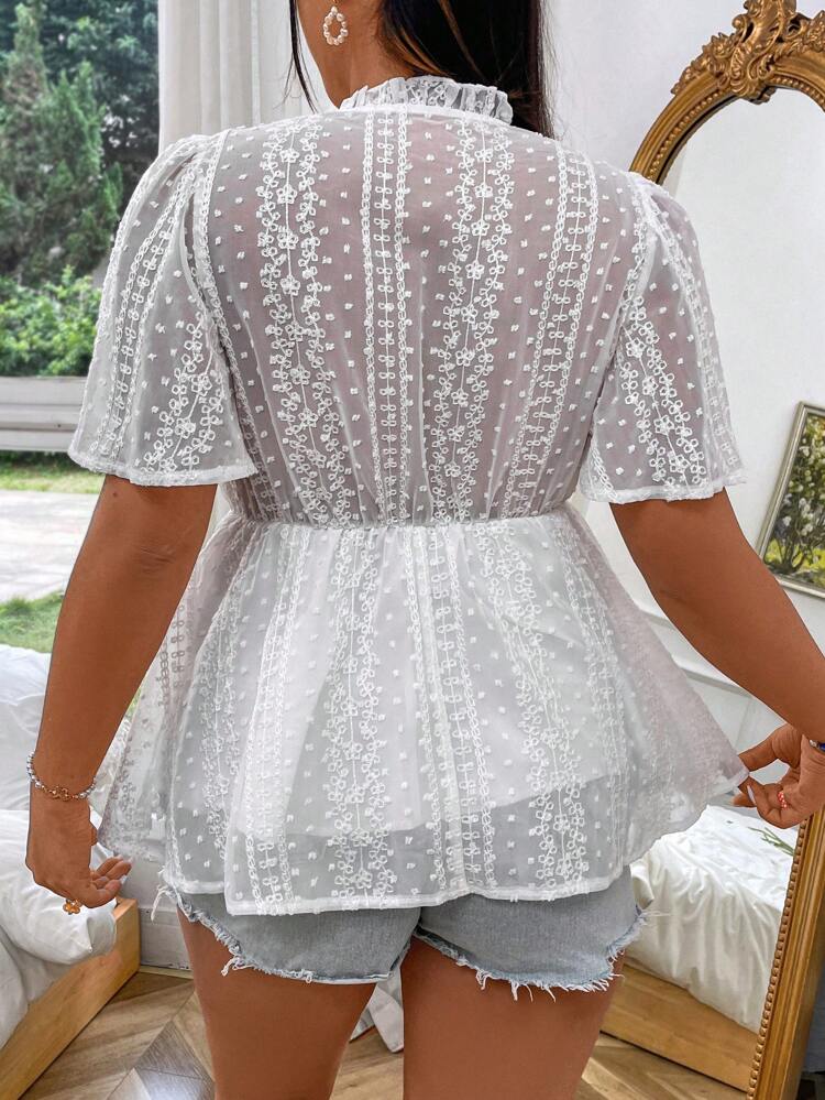 Plus Size Embroidered Tassel Tie Neckline Elegant Blouse