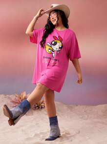 THE POWERPUFF GIRLS X SHEIN Váy hở vai họa tiết hoạt hình mùa hè Plus - Màu Hồng Tươi - Xem 7