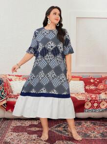 Mulvari Plus Size Women's Patchwork Printed Dress - Navy Blue - View 4
