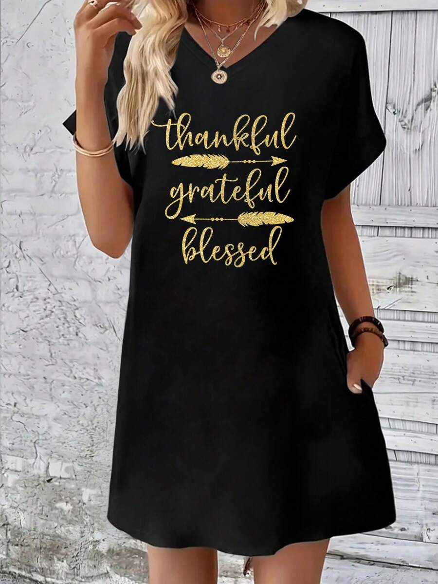 SHEIN LUNE Casual Short Sleeve V-Neck Dress With Rhinestone Motif