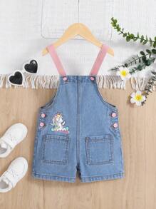 SHEIN Young Girls' Lovely Pink Straps & Cute Printed Denim Dungaree Shorts - Light Wash - View 7