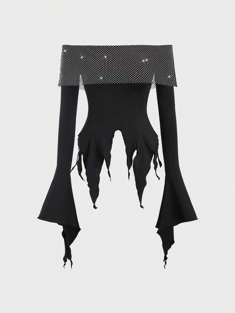 Women's Rhinestone Decor Off Shoulder Bell Sleeve Asymmetric Hem T-Shirt