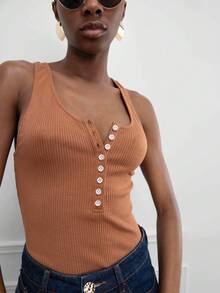 MISSGUIDED Button Through Tank - Brown - View 4