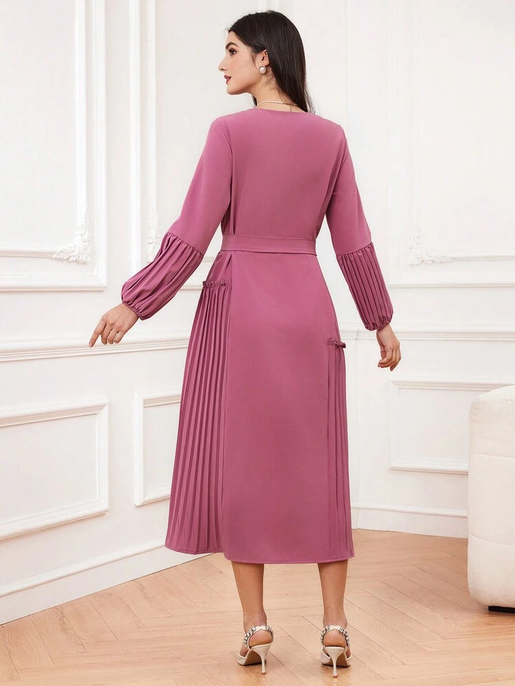 Women's Square Neckline Pleated Lantern Sleeve Dress