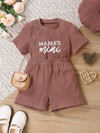 Young Girl Letter Print Short Sleeve T-Shirt And Shorts Set