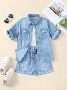 SHEIN Tween Girls' College Style Casual Loose Comfortable Soft Denim Top And Shorts 2pcs/Set - Light Wash - View 5