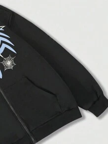 ROMWE MEN Goth Men's Cartoon Spider Web Printed Zip Front Hoodie