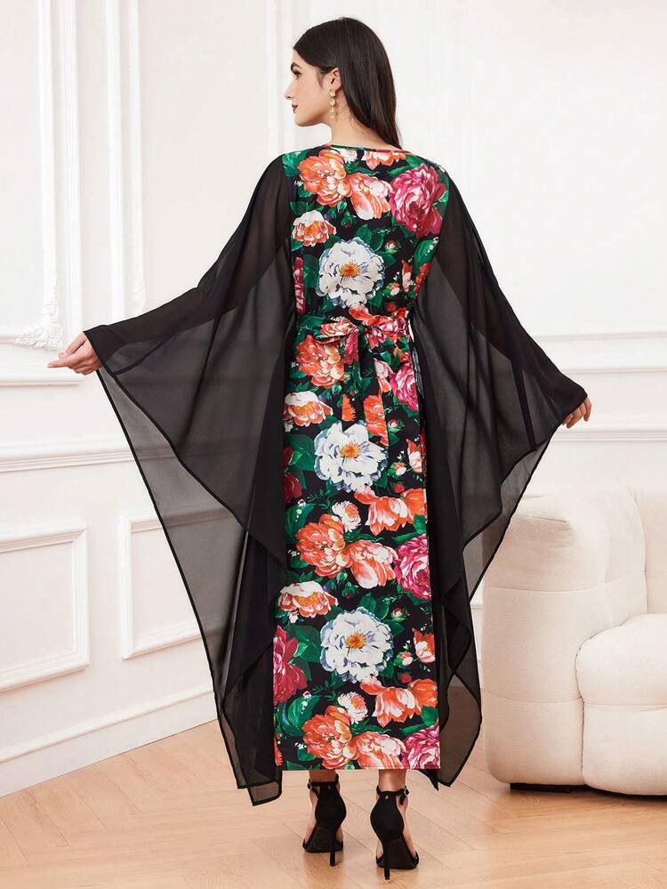 Flower Printed Patchwork Batwing Sleeve Dress Kaftan Jalabiya Dress