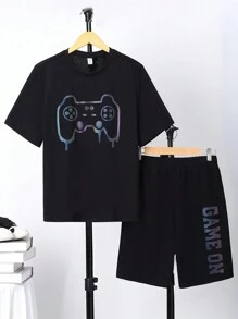 SHEIN Thiếu niên Con trai Kiểu Mỹ Giải trí Trang phục trên phố In bảng điều khiển trò chơi Ngắn tay Áo thun Và In thư Quần short , Mùa xuân/Mùa hè - màu đen - Xem 3