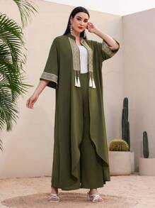 Al Najma Women's Fringe Trim Open Front Jacket And Pants Set - Dark Green - View 7