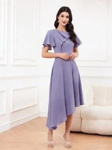 Modelyn Women's Decorative Button Asymmetrical Hem Ruffle Hem Dress - Purple - View 6