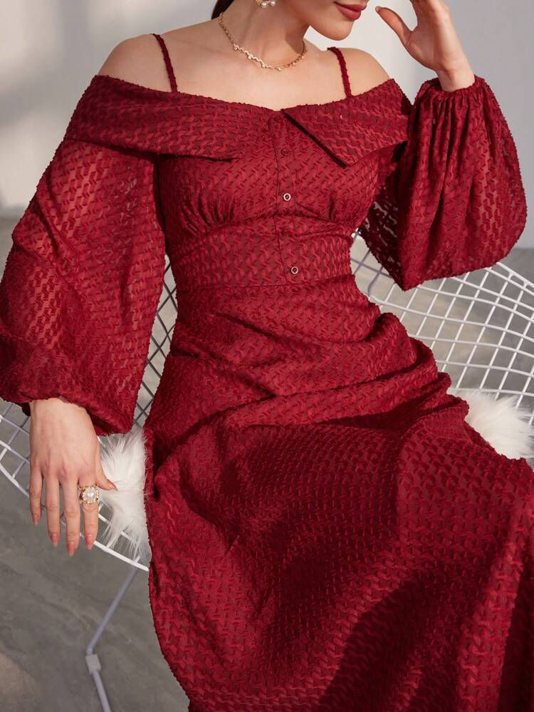 Burgundy Red Women's Cold Shoulder Lantern Sleeve Arabian Dress Long Evening Dresses