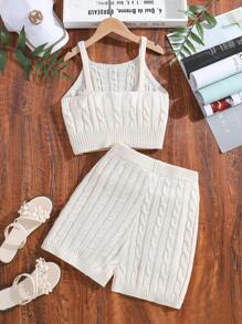 Teen Girl Crochet Knit Cami Top And Shorts Knit Set - Beige - View 2