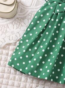 SHEIN Young Girl Green Polka Dot Sleeveless V-Neck Dress With Belt, Casual Vacation Style Fashionable And Versatile Spring/Summer New Arrival - Green - View 3