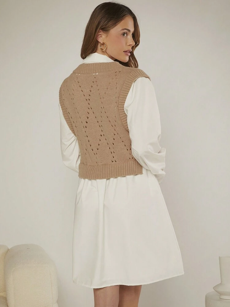 2 In 1 Casual Vest Overlay Collared Shirt Dress