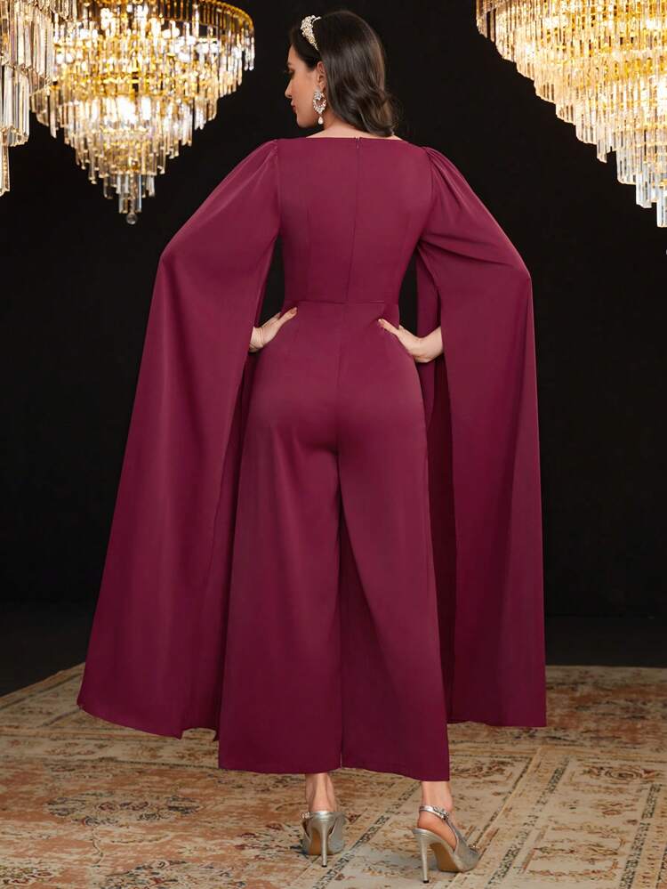 Burgundy Red 1pc Women's Jumpsuit With Cape Sleeves & Rhinestone Details, Waist Chain Not Included
