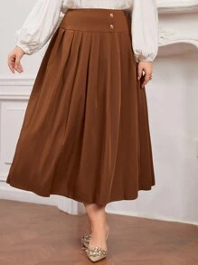 Modelyn 大尺碼純色百褶a字裙 - 卡其色 - 查看 5