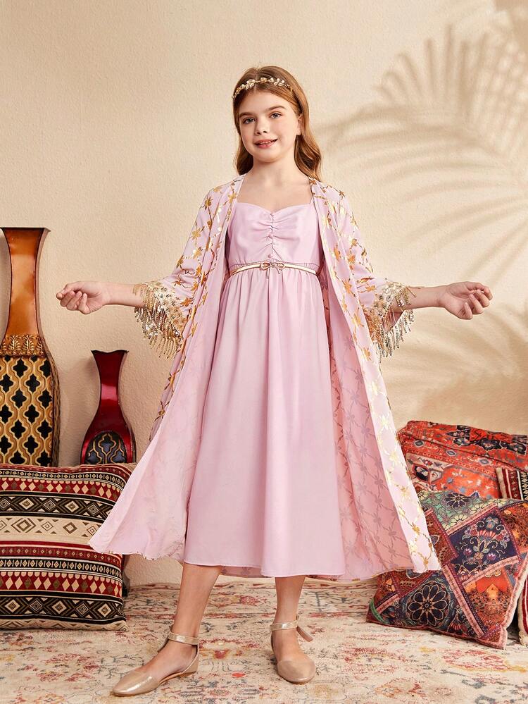 2pcs/Set Cute Metallic Printed Jacket And Dress For Tween Girls