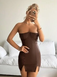 SHEIN ICON Homecoming Dress Split Hem PU Bodycon Dress - Brown - View 4