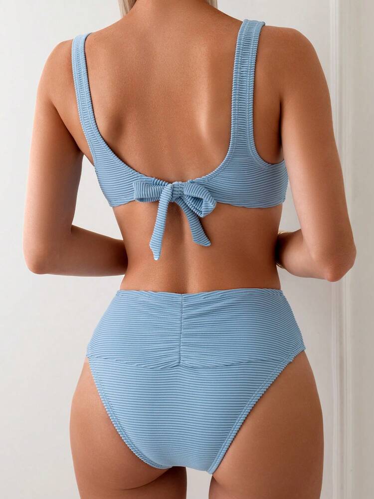 Summer Women's Solid Colored Textured Swimwear Set