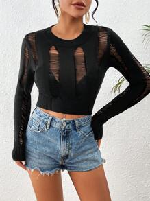 Breezaya 女士實色中空短身毛衣 - 黑色 - 查看 7