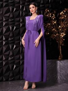 Modelyn Women's Cape Sleeve Dress With Rhinestone Decorations - Purple - View 1