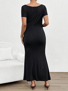 SHEIN Thai sản Trẻ Giải trí Hem Dài Đầm Với Hình vuông Đường viền cổ áo - màu đen - Xem 2