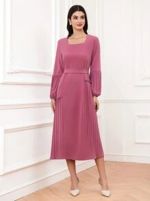 Modelyn Của phụ nữ Hình vuông Đường viền cổ áo Xếp li Tay áo lồng đèn Đầm - Màu đỏ tím - Xem 7