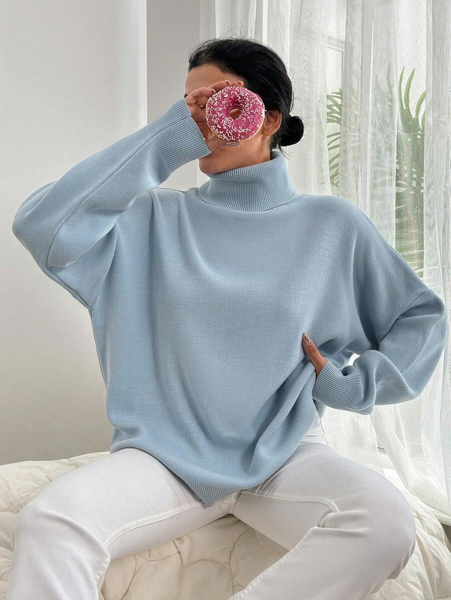 EURMUSE Ladies' Solid Color High Neck Drop Shoulder Sweater - Blue - View 1