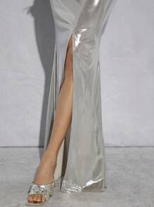 Hauture Women's Mixed Material Skirt With Frayed Detailing, Slit Hem And Split Design - Grey - View 3