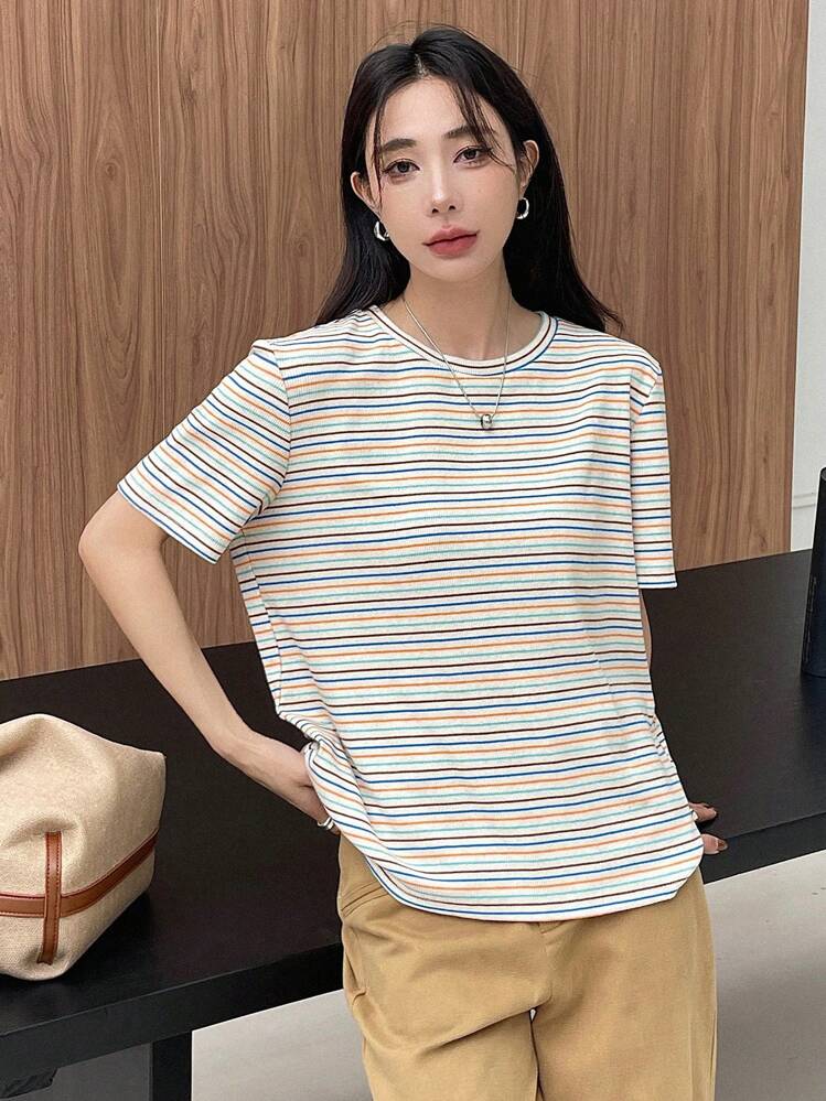 Maglietta da donna a righe, girocollo, estiva, casual, a maniche corte, per le vacanze in spiaggia, cachi, M
